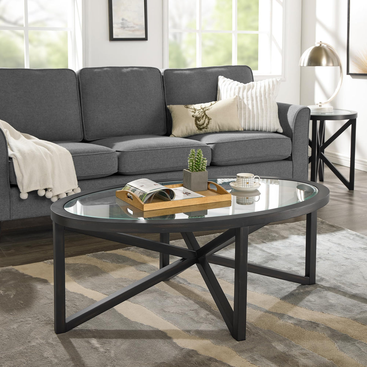 46" Oval Glass Coffee Table with Tempered Glass Top and Wood Base T120950