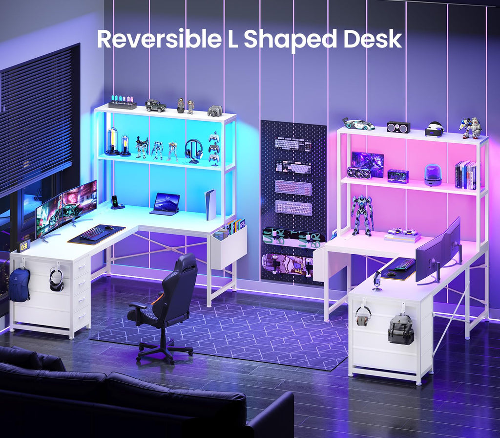 L Shaped Corner Desk with 4 Drawer, Power Outlet & LED Lights, White U540