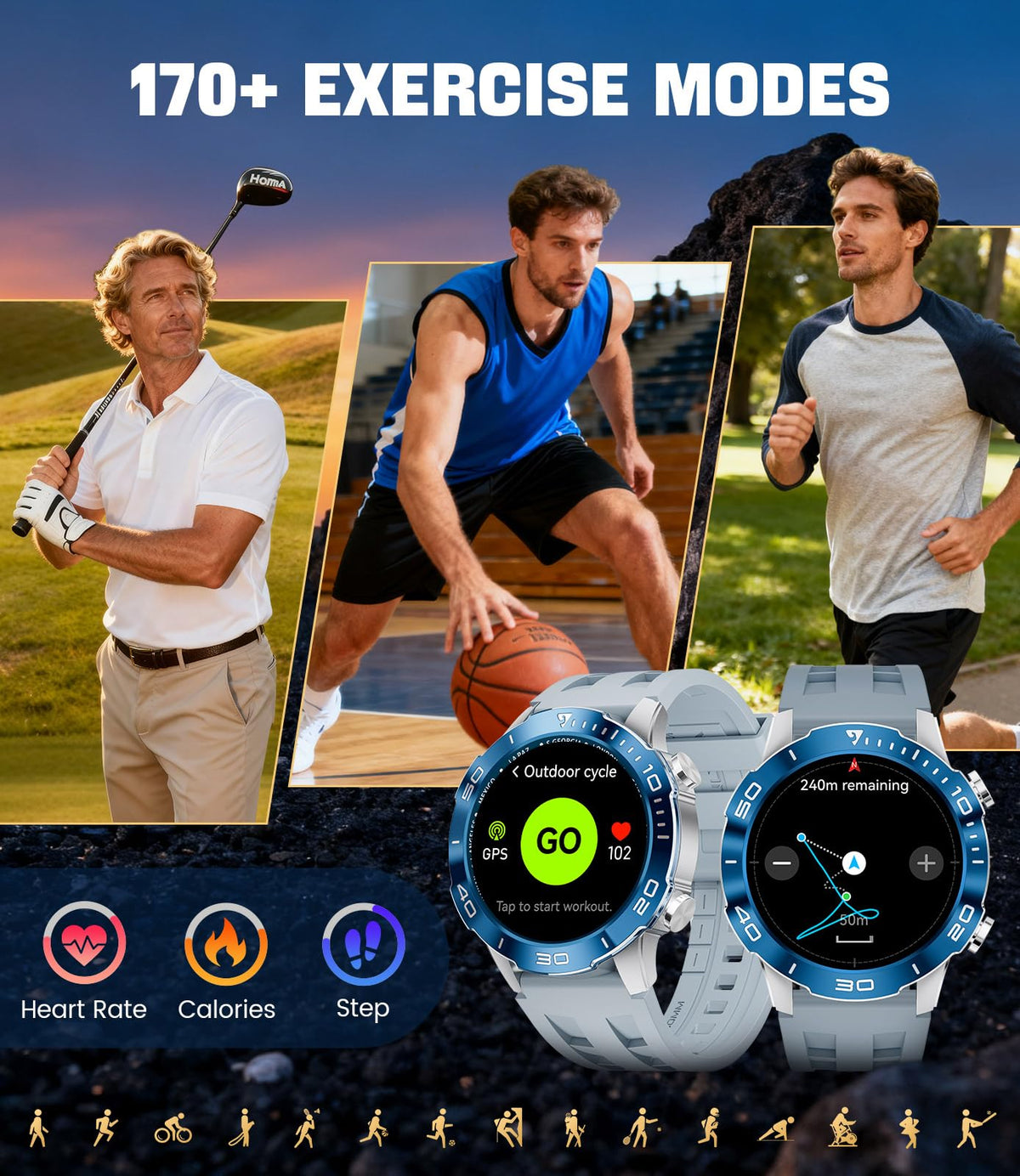 Smart Watch with Heart Rate SpO2 Sleep Monitor IP68 Waterproof Silver Blue 40mm J9107