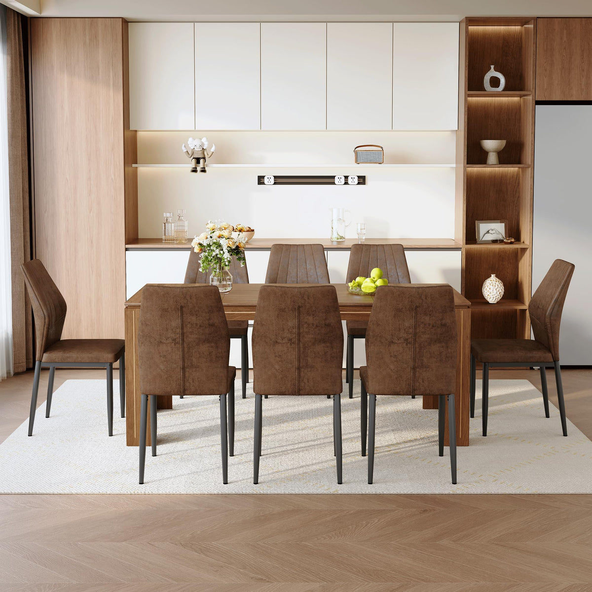 Walnut Dining Table Set with 8 Brown Fabric Chairs A327688