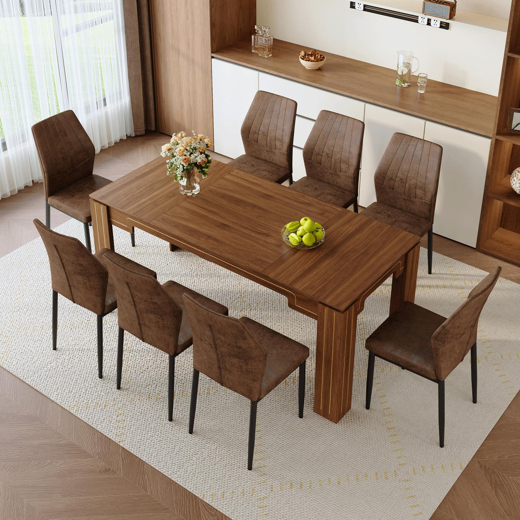 Walnut Dining Table Set with 8 Brown Fabric Chairs A327688
