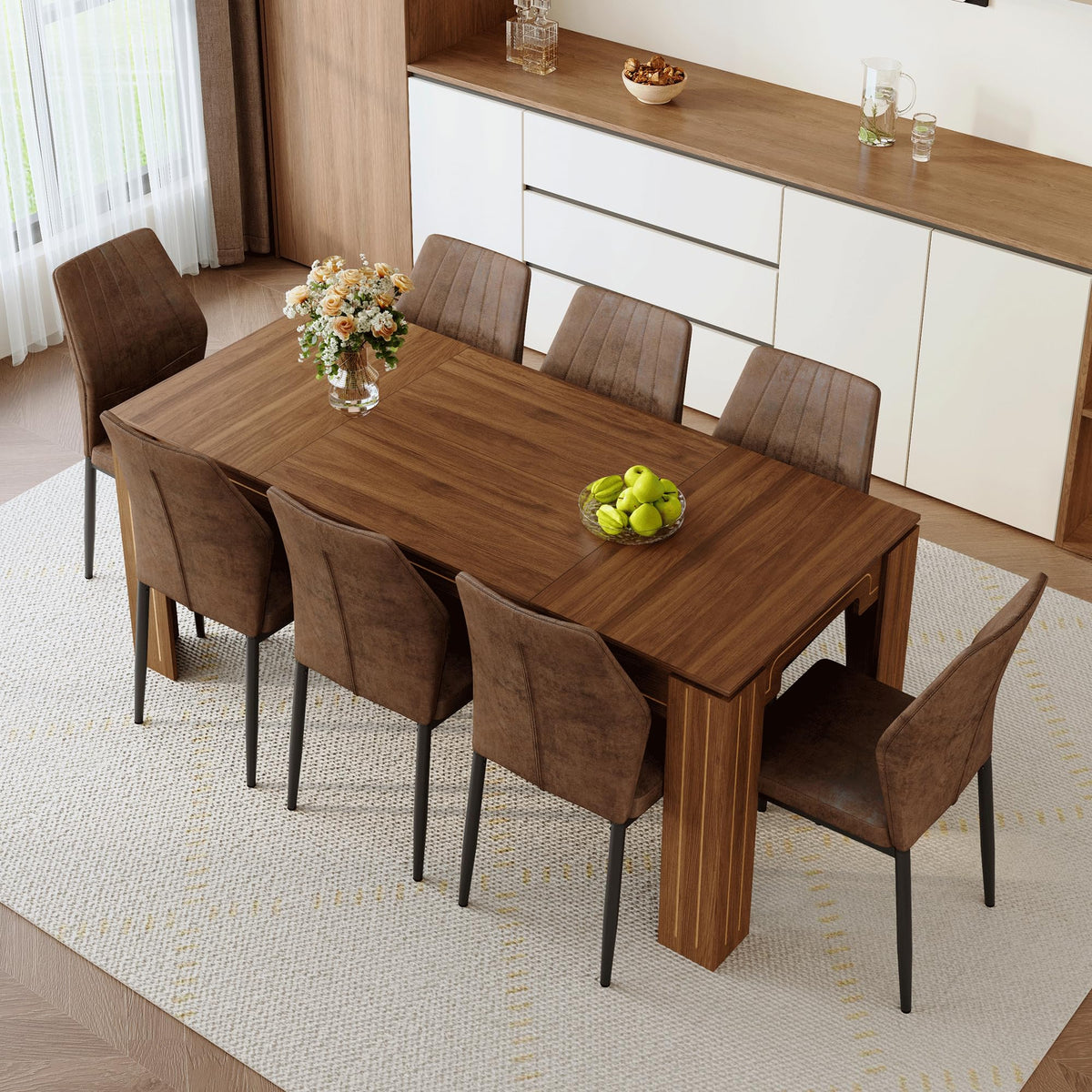 Walnut Dining Table Set with 8 Brown Fabric Chairs A327688