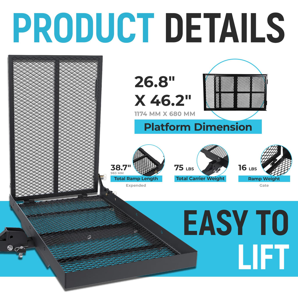 46.2 X 26.8 X 38.7 Inch Foldable Hitch Cargo Carrier with Ramp 500 Lbs L2719