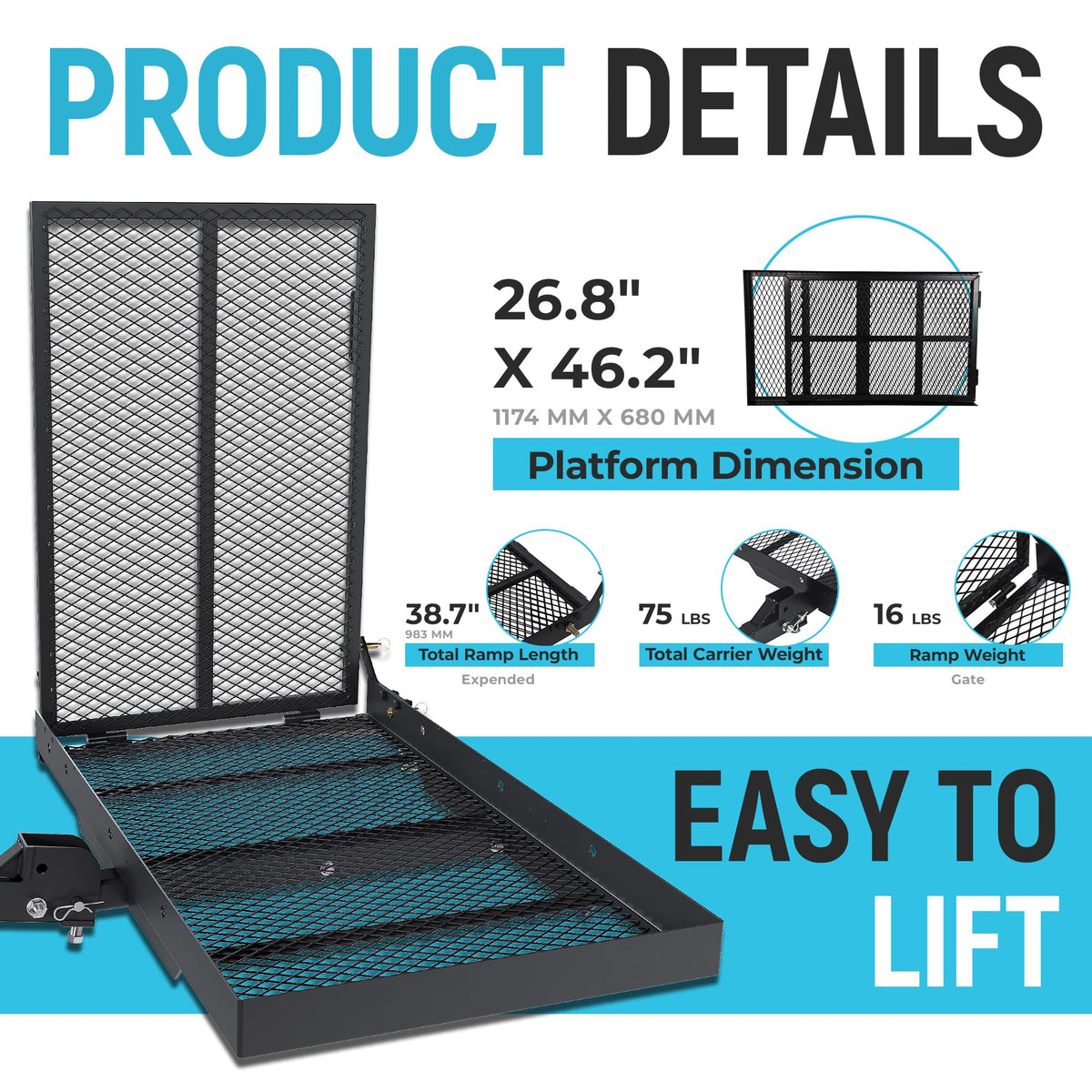 46.2 X 26.8 X 38.7 Inch Foldable Hitch Cargo Carrier with Ramp 500 Lbs L2719