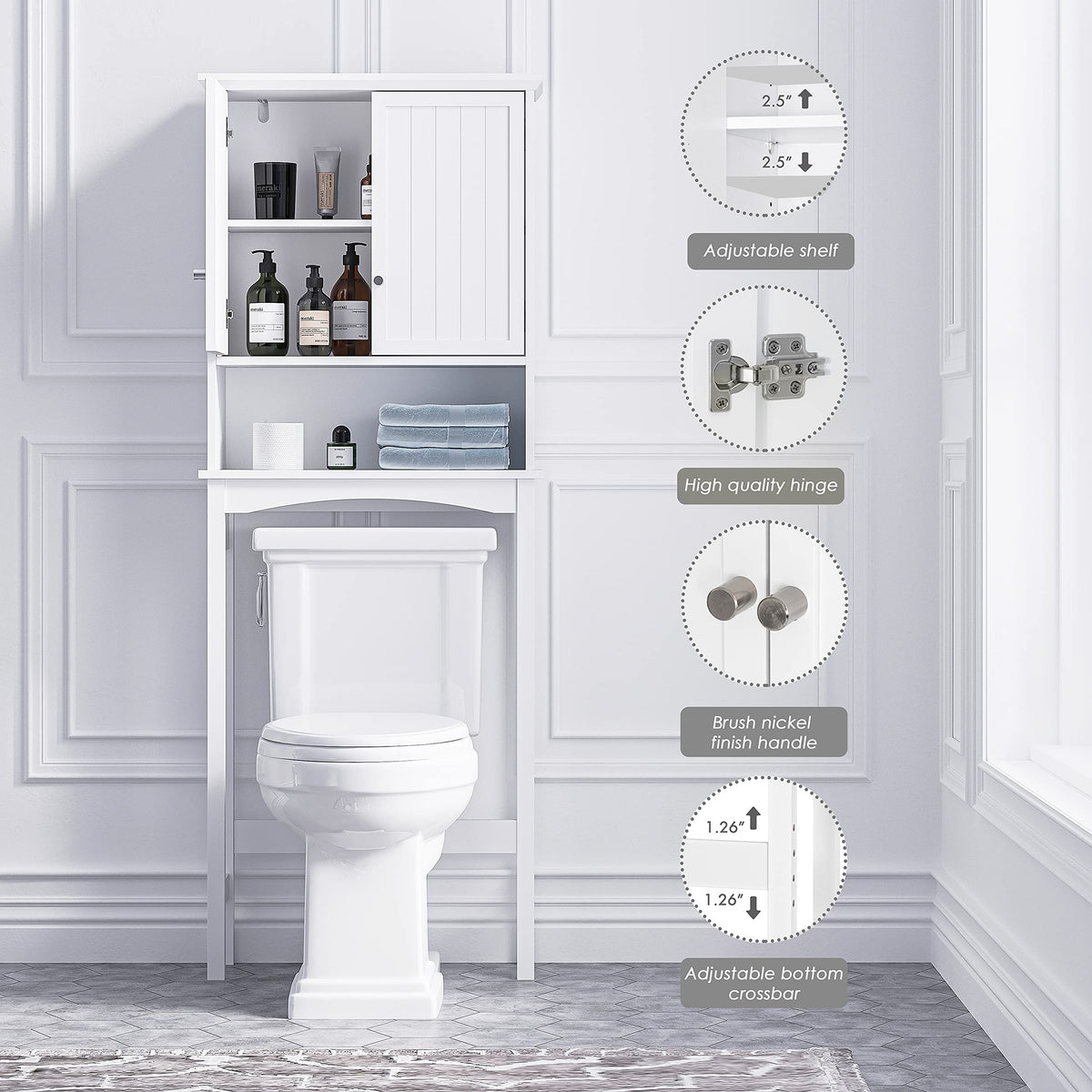 Over the Toilet Storage Cabinet with Doors, Adjustable Shelf, White J18313