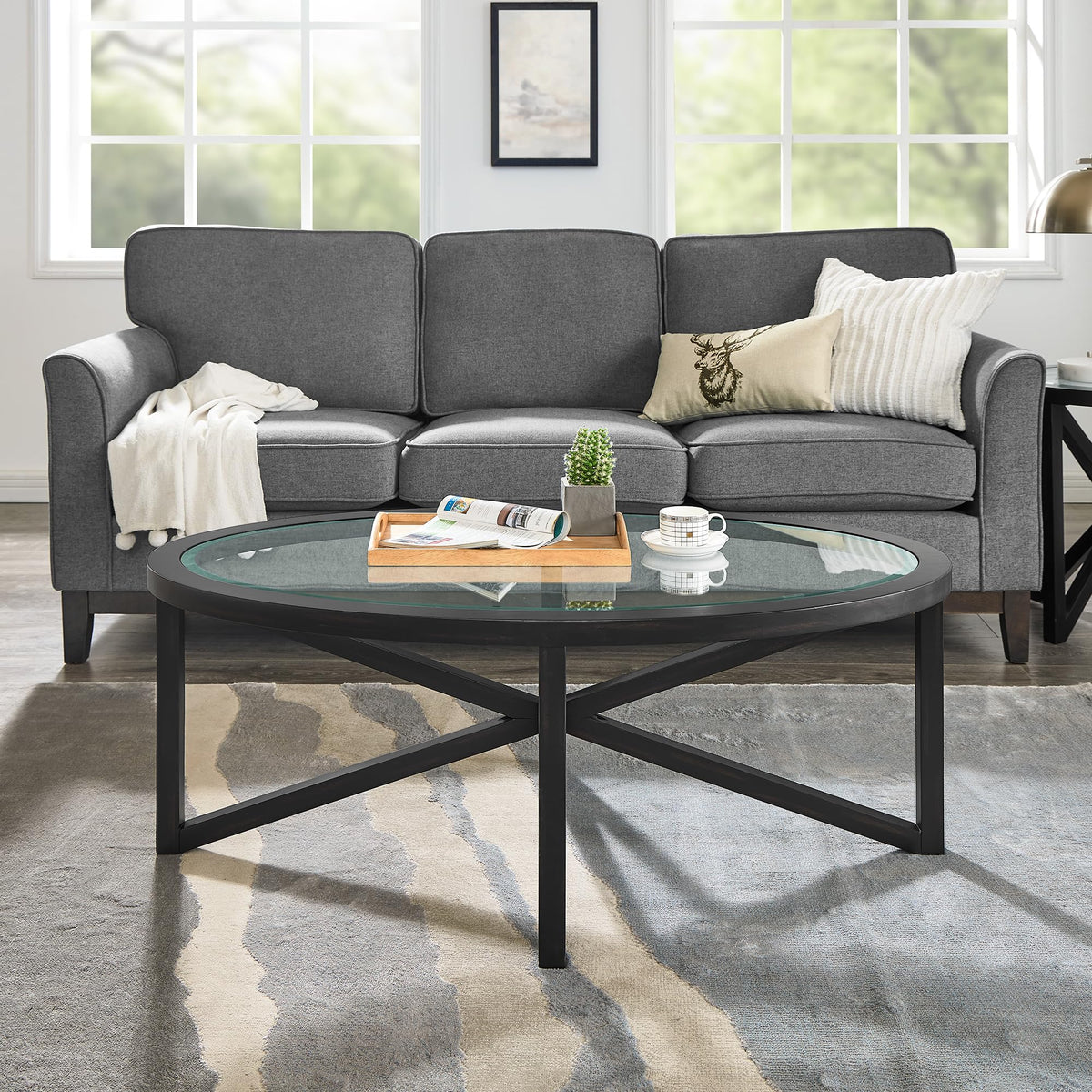 46" Oval Glass Coffee Table with Tempered Glass Top and Wood Base T120950
